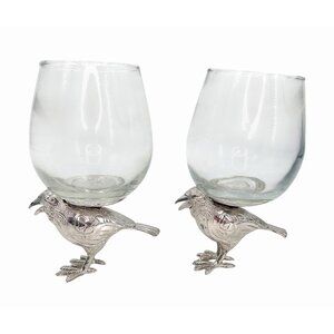 NWOT SILVER METAL RAVEN CROW 2 STEMLESS WINE GLASSES EDGAR ALLAN POE HALLOWEEN